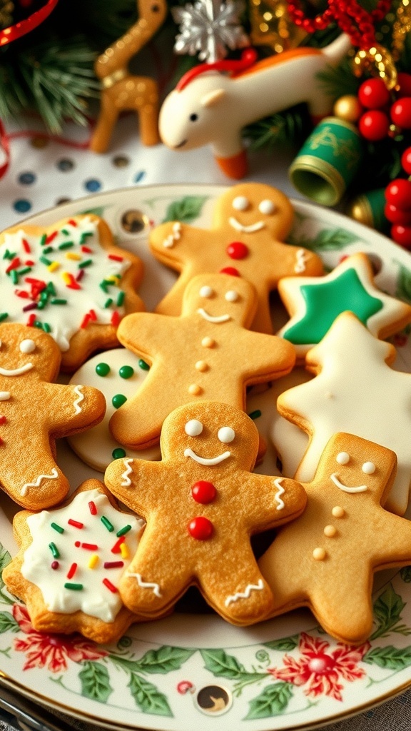 An assortment of colorful Christmas cookies on a plate, including sugar cookies, gingerbread men, and spritz cookies, set against a festive holiday backdrop.